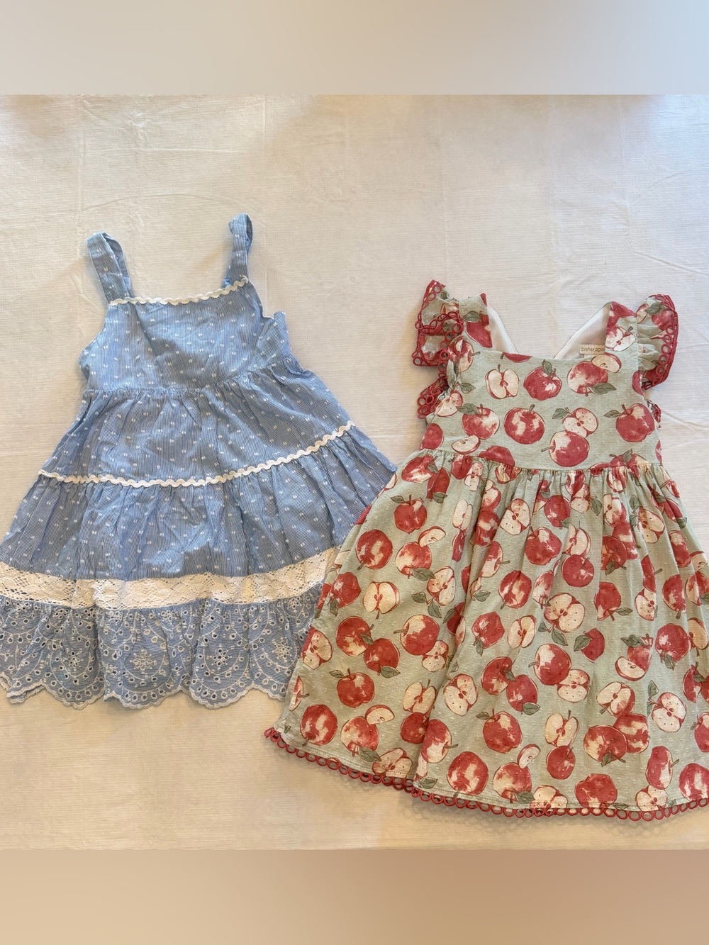 Shabby Chic Blue Eyelet Dress & Cynthia Rowley Red Apple Print Girls Dress